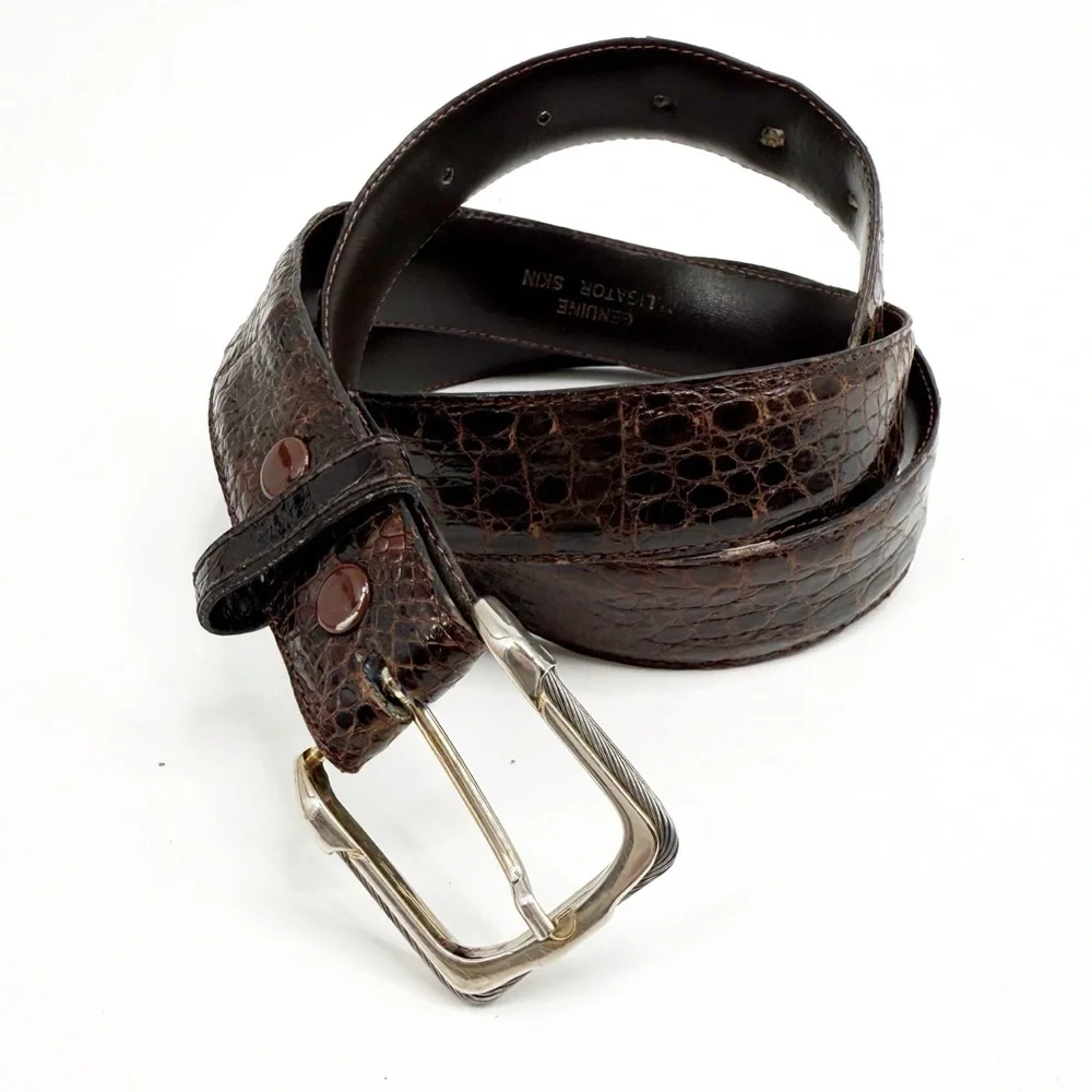 Genuine Alligator Brown Leather Belt with Silver Cable Buckle, Size 42